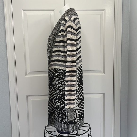 ECOTE Open Front Cardigan Black, Cream & Grey Patterned Size M - Picture 7 of 15